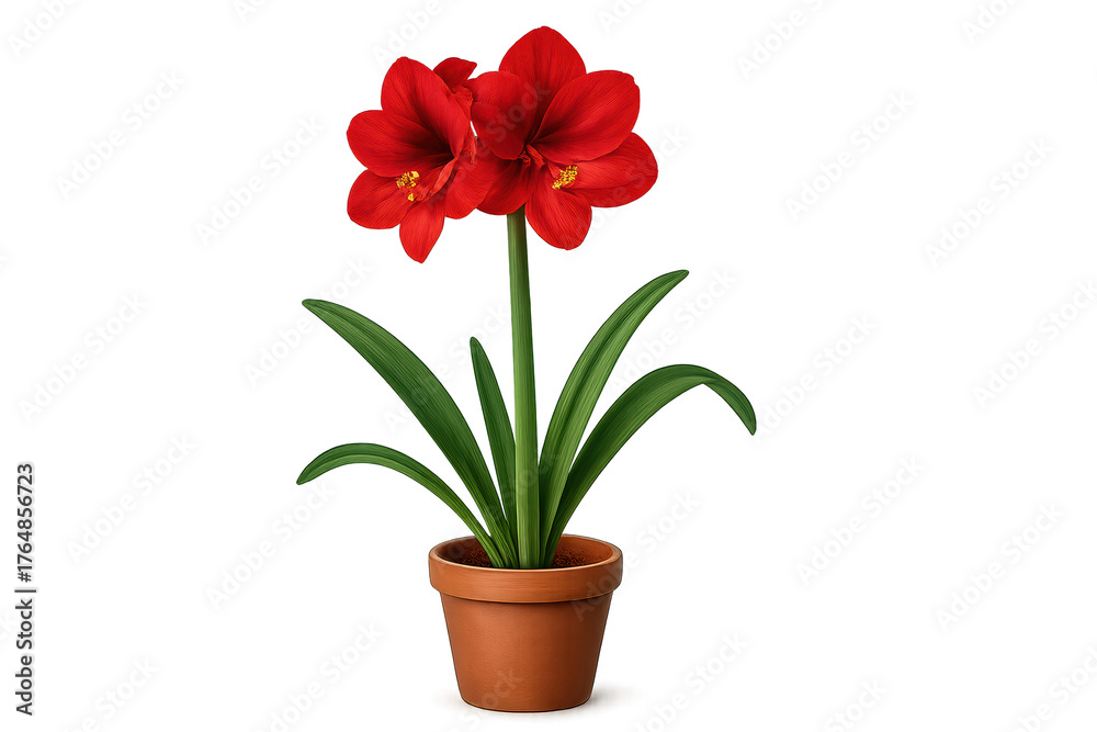 Naklejka premium Bright red amaryllis blossom in terracotta pot with green leaves