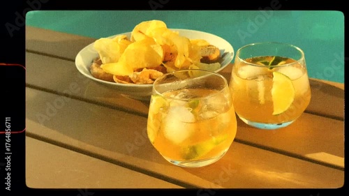  Drinking cocktails by swimming pool with crisps, chips, dark and stormy drink retro analog 8mm handheld film frame vibes