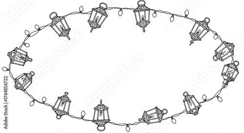 Festive lantern garland frame with string lights in outline style