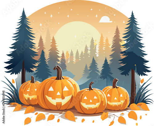 Glowing Pumpkins in Forest
Autumn forest with glowing pumpkins, flat cozy vector style