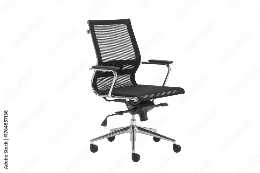 Fototapeta premium A sleek, modern black mesh office chair featuring chrome armrests and a sturdy five-star wheeled base, ideal for ergonomic support. background removed