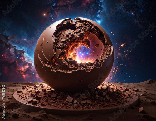Cosmic sphere explosion chocolate planet core molten glow space debris galactic nebula sci fi scene dramatic lighting surreal art crater dust cosmic energy. cracked orb reveals radiant core amid