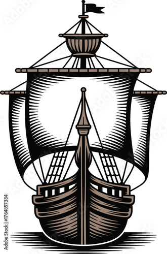 Vintage Sailing Ship Vector Illustration | Woodcut Engraving Style Galleon or Caravel Front 