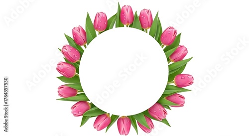 Delicate pink tulips encircle a pristine white canvas, presenting a fresh floral framework