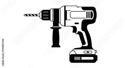 Black and white electric drill silhouette with handle for construction and diy