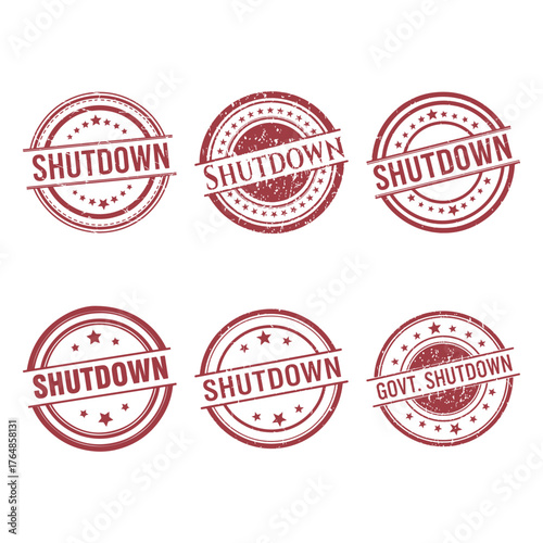 Six circular shutdown stamp designs collection, rustic vintage distressed texture grunge effect pattern.
