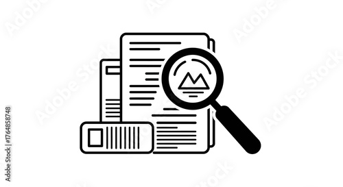 Magnifying glass over documents: linear search and analysis icon in black and white
