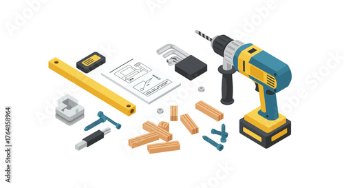 Isometric power drill and tools with construction elements for home improvement