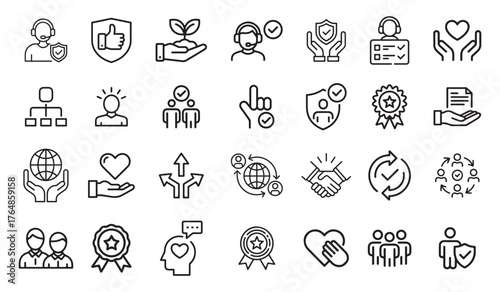 Minimalist trust and loyalty line icons set with editable stroke, featuring reliability, unity, honesty, friendship, responsibility, belief, and commitment concepts — thin linear outline illustration 