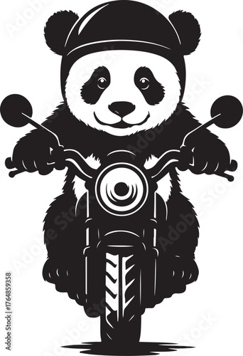 Baby giant panda adorably riding a motorcycle silhouette