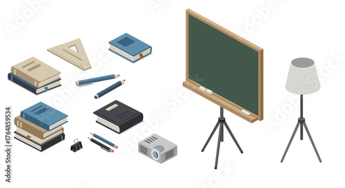 Isometric school supplies and classroom objects: blackboard, books, and stationery