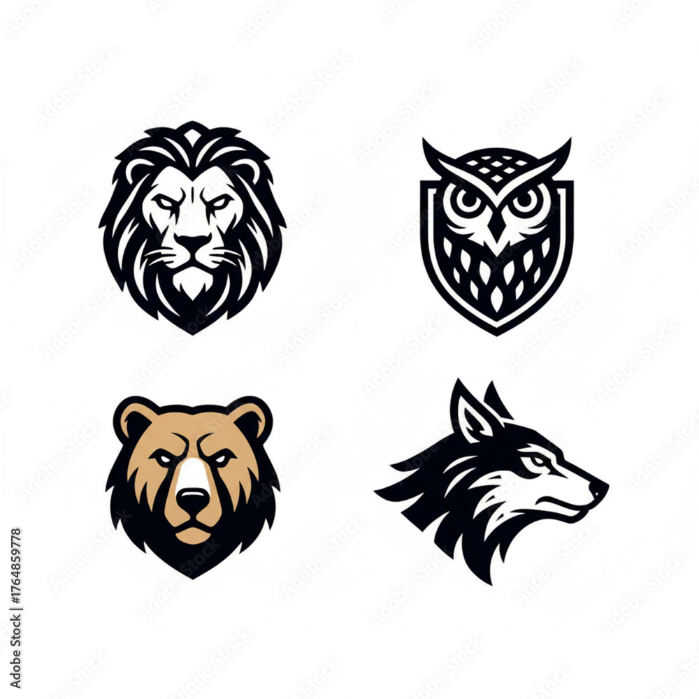 Fototapeta premium A collection of four fierce animal head mascots, including a lion, owl, bear, and wolf, designed as powerful vector logos for sports teams and brand identity