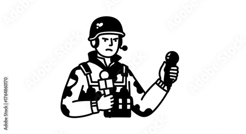 Monochrome reporter soldier with microphone and helmet in tactical gear