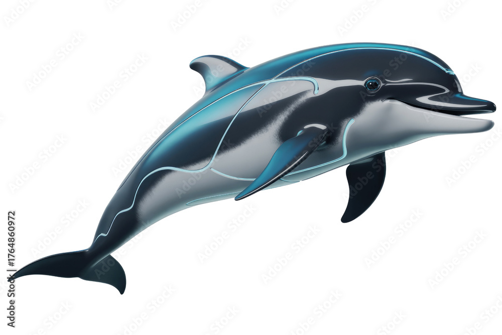 Fototapeta premium A sleek, digitally rendered dolphin with glowing blue lines, showcasing futuristic design and aquatic elegance against a dark green backdrop. background removed