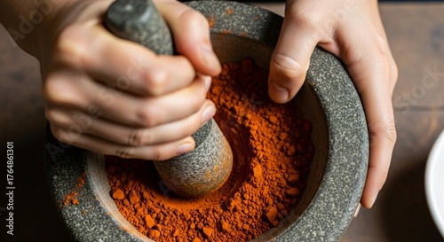 A person's hands grinding vibrant orange spices in a stone mortar and pestle.
