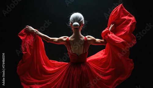 Senior ballerina performs with flowing red gown in dramatic studio lighting. Dancer embodies grace and fluidity during captivating dance movement. Intense backlighting highlights fabrics dynamic flow.