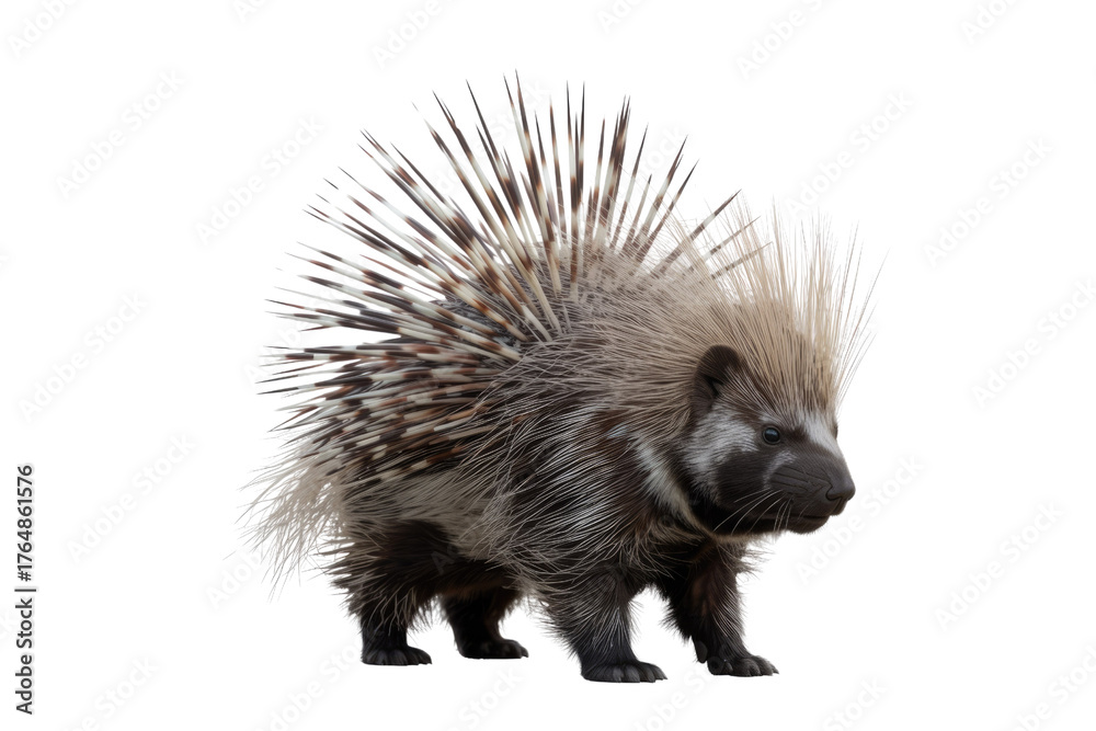 Obraz premium A porcupine, with its formidable array of sharp quills fully displayed, stands defensively on a vibrant transparent background. background removed