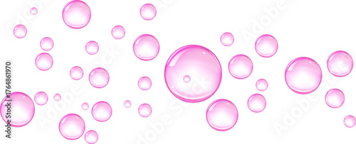 Floating pink bubble gum spheres on a bright white background.