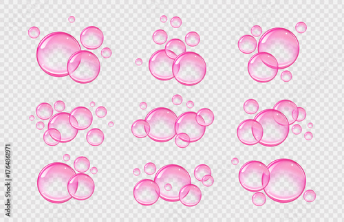 Set of floating pink bubble gum spheres on a bright white background.