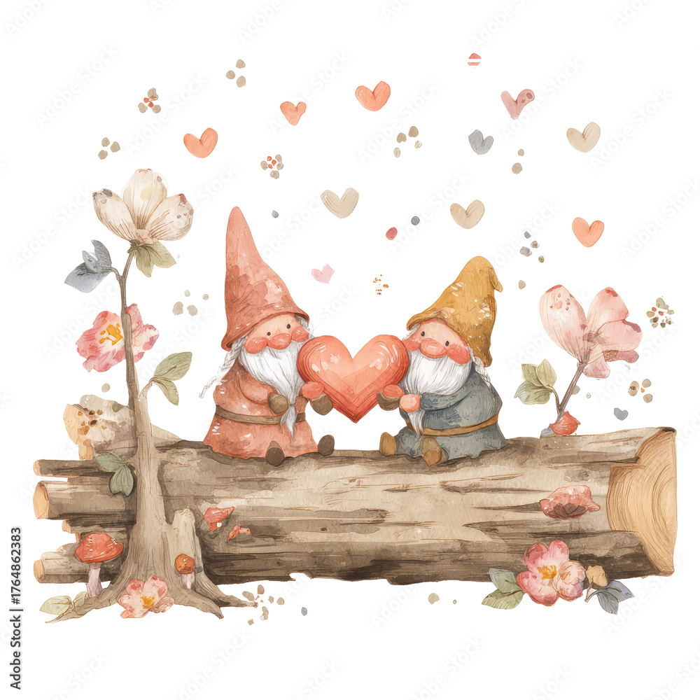 Obraz premium Two Charming Gnomes Sitting on a Log, Each Holding a Heart Surrounded by Whimsical Flowers and Hearts