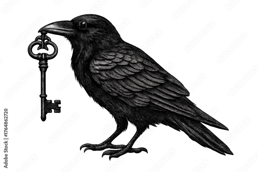 Fototapeta premium Raven holding vintage key unlocking secret mystery