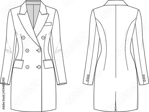 Double breasted coat fashion illustration, technical flat sketch, tailored outerwear design, notched lapel collar, structured silhouette, apparel template, garment construction reference