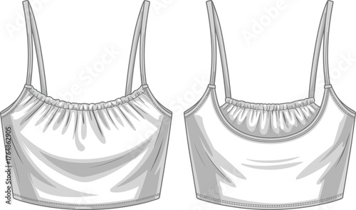 Cropped tank top illustration, women’s fashion sketch, front and back view, gathered neckline design, apparel template, clothing mockup, lightweight fabric drawing, stylish summer top, 