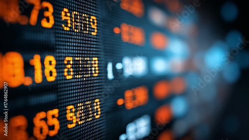 Close up of a digital stock market ticker display with glowing orange and blue numbers indicating financial data and trading activity.