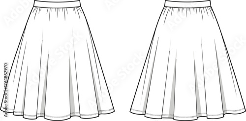 Flared skirt fashion illustration, technical flat sketch, circle skirt design, paneled skirt construction, apparel template, garment sewing reference, clothing pattern outline