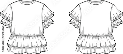 Ruffle sleeve dress illustration, women’s fashion sketch, front and back view, layered skirt design, cinched waist detail, garment template, clothing mockup, stylish summer 