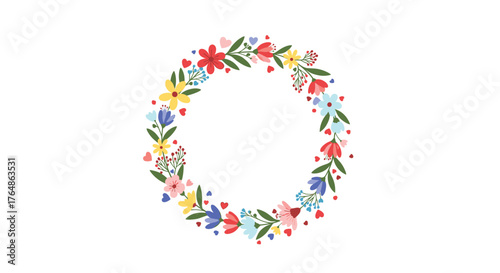 Colorful floral wreath design on white background, beautiful decoration.