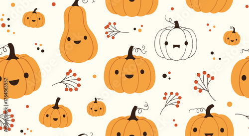Cute pumpkins pattern on a white background for autumn.