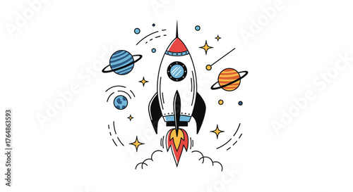 Rocket Ship Soaring Through Space with Planets and Stars.