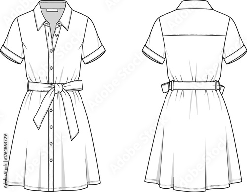Technical fashion illustration of short sleeve shirt dress, front and back view, waist tie belt, button down, apparel design sketch