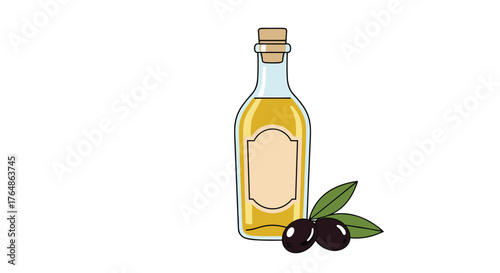 Olive Oil Bottle with Olives and Green Leaves Illustration.