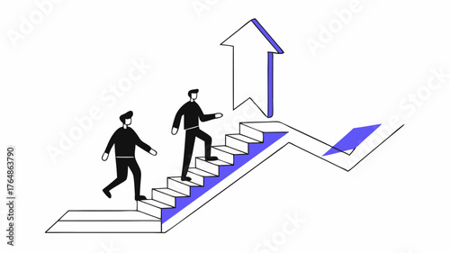 An upward staircase with silhouettes of a mentor guiding a mentee upward representing growth support and the journey of learning through mentorship.
