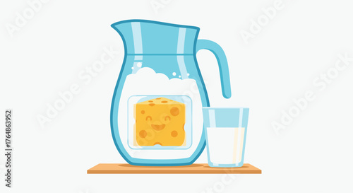 Glass Pitcher of Milk with Cheese and a Glass of Milk.
