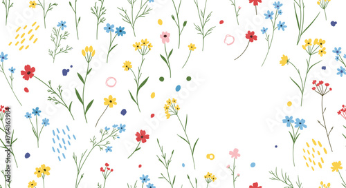 Floral pattern with colorful flowers on white background.