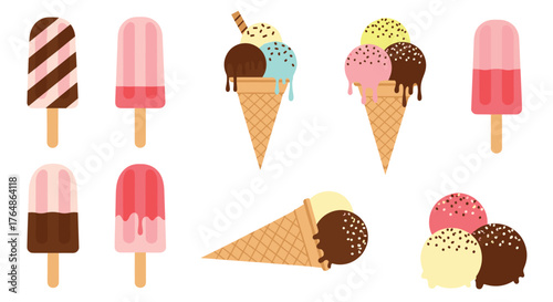 Delicious ice cream treats and frozen popsicles on white background.
