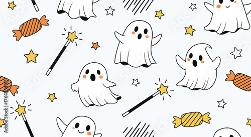 Cute Halloween Ghosts and Candy Pattern on White Background.