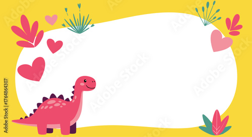 Cute pink dinosaur with hearts and plants on yellow background.