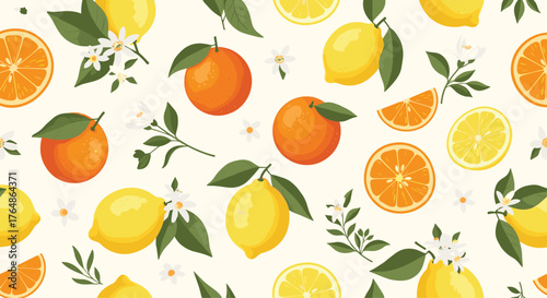 Vibrant Citrus Fruits Pattern - Oranges, Lemons, and Green Leaves.