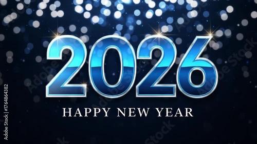 Happy new year 2026 with blue bokeh lights and sparkles