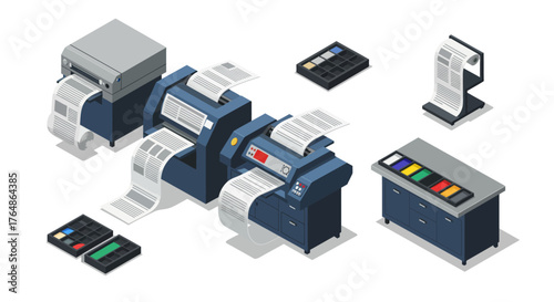 Isometric printing press with printers and ink cartridges in modern digital print shop