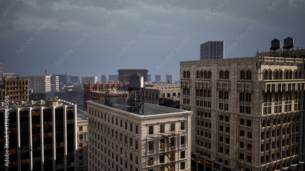 Fototapeta premium Buildings rise high against a moody sky, showcasing the dynamic energy of the city. The scene captures a moment of urban life, with streets filled with potential and stories waiting to unfold.