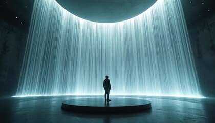 Person stands on circular platform. Man observes large glowing digital waterfall light curtain. Modern tech display creates immersive virtual reality experience. Futuristic abstract interior design