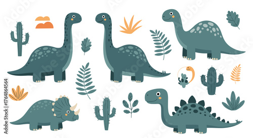 Cute cartoon dinosaurs and plants on white background.