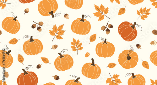Autumnal pumpkin patch illustration with leaves and acorns.
