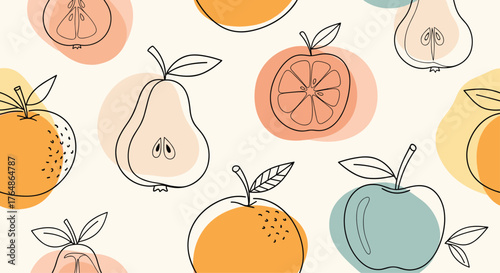 Colorful fruit pattern design with oranges, apples, and pears.