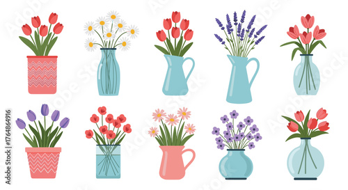 Vibrant floral arrangements in various vases and pots.